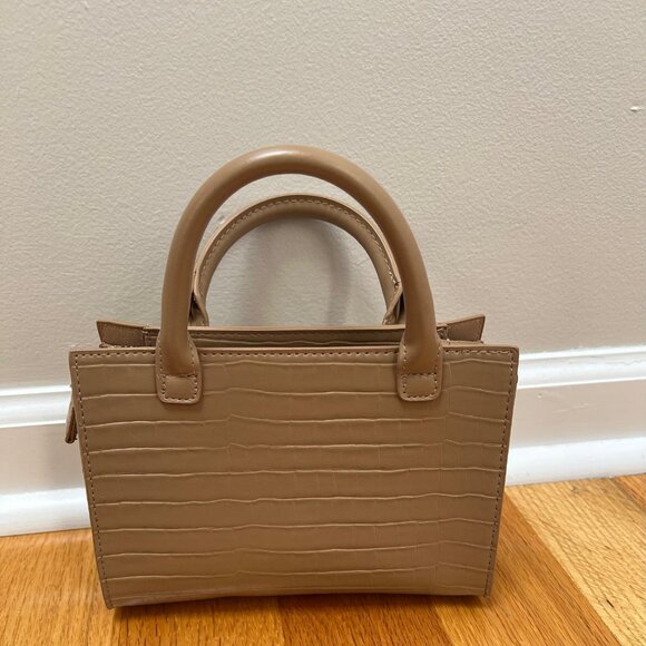 Beige Croc-Embossed Structured Satchel with Gold Hardware - Picture 3 of 6